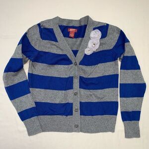 Blue Gray Cardigan Sweater Girl 7/8 Rosette Flower Gem Delicate Lightweight Knit
